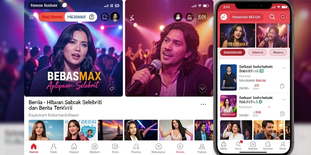 Tampilan antarmuka BEBASMAX dengan berita hiburan selebriti terkini.