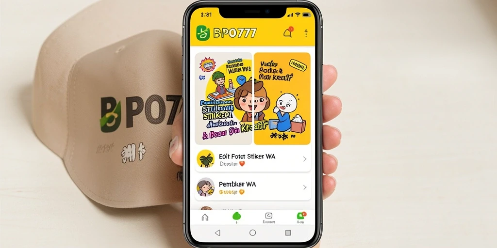 Antarmuka aplikasi BPO777 untuk membuat stiker WA yang menarik.