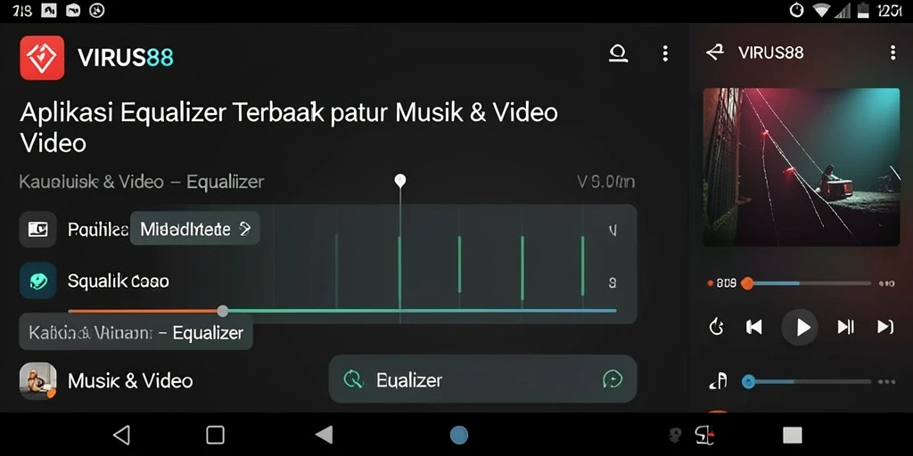 Screenshot aplikasi VIRUS88 menampilkan antarmuka Equalizer yang menarik.
